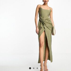 ASOS Green Midi Dress with Drape Skirt